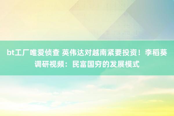 bt工厂唯爱侦查 英伟达对越南紧要投资！李稻葵调研视频：民富国穷的发展模式